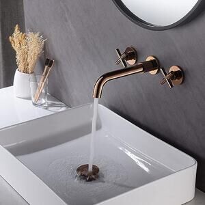 Rose Gold Wall Mounted Faucet,Double Handle Cross Handle Bathroom Faucet